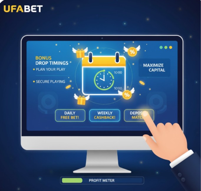 An illustration of a computer screen displaying the UFABET casino platform, highlighting "Bonus Drop Timings." A calendar icon with a clock, surrounded by flying gift box bonuses and percentage symbols, suggests planning play around daily, weekly, or deposit match promotions to maximize capital and ensure secure playing.