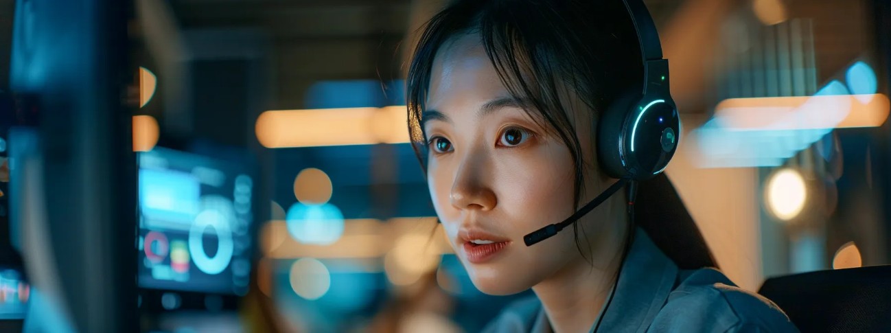 A woman with a headset in front of a computer, representing AI connectivity and digital communication.